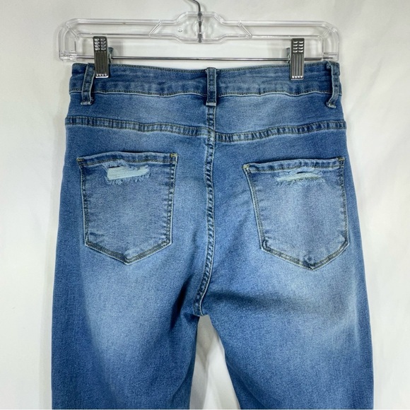 Women’s Distressed Light Wash High Rise Flare Leg Stretch Denim Jeans - Picture 4 of 7